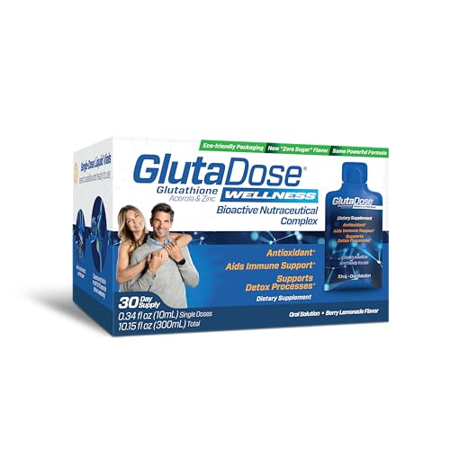 GlutaDose | Desintoxicación diaria | Apoya a la función inmune y aumento de energía | 400 mg Glutatión+Vitamina C+Zinc | Caja para 30 o 60 días | Viales líquidos | Hecho en Estados Unidos (30 dosis)