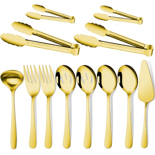 Gisly Los utensilios dorados de 12 piezas incluyen cucharas grandes para servir, cucharas de servir ranuradas, tenedores para servir, pinzas para servir, pinzas para aperitivos, cucharón de sopa y