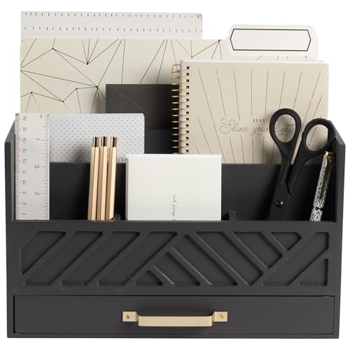 BLU MONACO Grey Wooden Desk Organizer with Drawer and Gold Handle – Perfect Office Accessories and Desktop Workspace Organizers for Home and Office Supplies