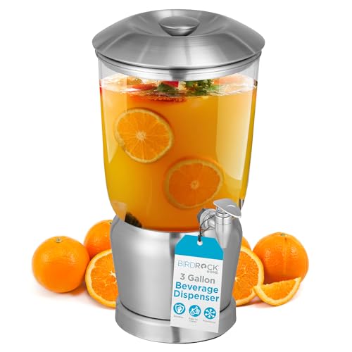 BIRDROCK HOME 3 Gallon Stainless Steel Beverage Dispenser with Ice Container, Spigot - Round - Lemonade Sangria Tea Water Drink Jar Jug - Home Parties - BPA Free Clear Acrylic