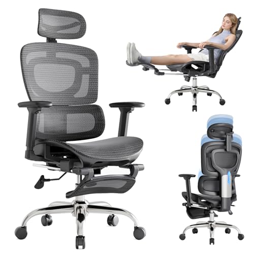 Ergonomic Office Chair, Breathable Mesh Chair with Adaptive Lumbar Support, 3D Headrest, Armrests, Retractable Footrest, and a Six-Position Adjustable Backrest, Office Desk Chair Black