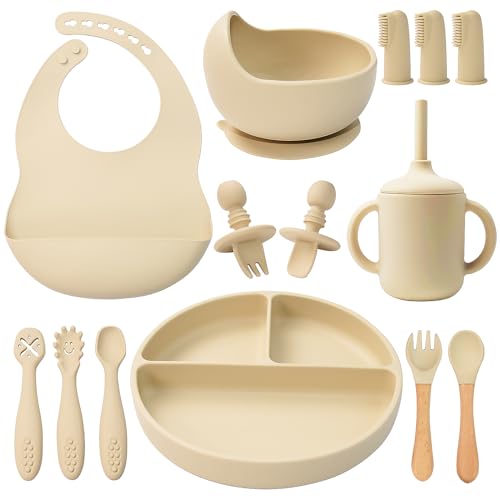 LITTLE RAWR Silicone Baby Feeding Set 14 Pcs,Baby Led Weaning Supplies, Baby Spoons Suction Bowl Divided Plate Bib Cup Finger Brush,First Stage Solid Food Eating Utensils - 6+ Months(Beige)