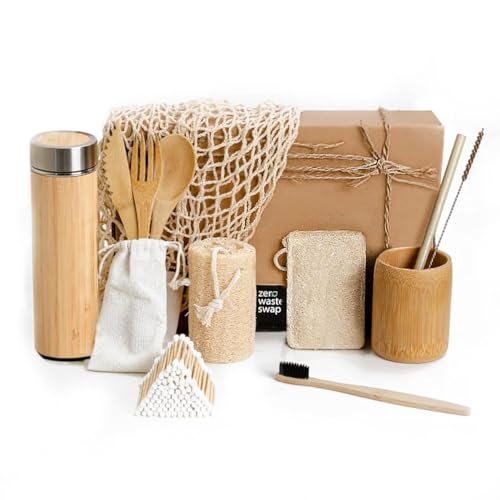 Zero Waste Starter Kit | Sustainable Gifts | Bamboo Stainless Steel Thermos | Mesh Bag | Eco-Friendly Gift Set | Reusable & Biodegradable Environmental Home Kitchen Products | Low Waste Packaging