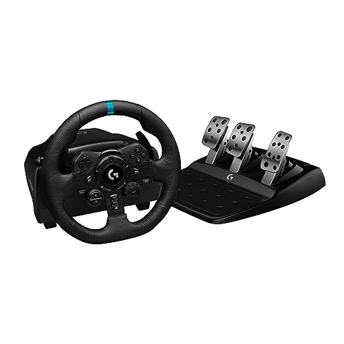 Logitech G 923 - Volante de carreras y pedales para PS 5, PS4 y PC con TRUEFORCE, hasta 1000 Hz de respuesta de fuerza, pedal sensible, control de lanzamiento de embrague dual y cubierta de volante de cuero genuino