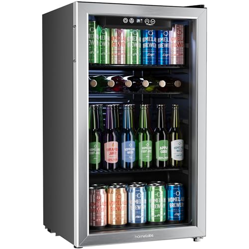 hOmeLabs - Minirefrigerador y enfriador de bebidas de 120 latas, puerta de vidrio para refrescos, cerveza o vino, máquina dispensadora de bebidas para oficina o bar con estantes extraíbles ajustables