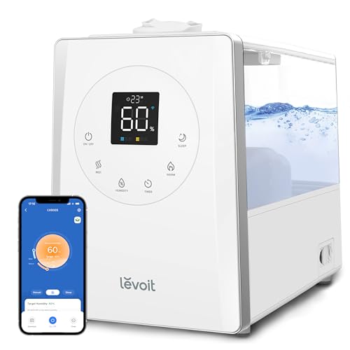 LEVOITHumidificadores para habitación de habitación grande de dormitorio, WiFi inteligente Control de Alexa, 6L Top Relleno fresco y fresco Niebla para toda la casa, aceite esencial, humedad personalizada, modo de suspensión, temporizador, ultra silencioso, blanco