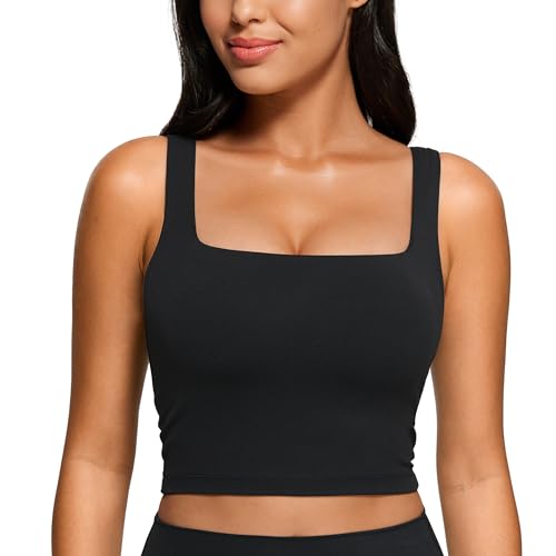 CRZ YOGA Butterluxe Womens Square Neck Longline Sports Bra - Workout Crop Tank Tops Padded with Built in Shelf Yoga Bra Black Medium