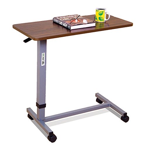 Essential Medical Supply Height Adjustable Automatic Overbed Table - Woodgrain Top with Locking Wheels, Perfect for Hospital and Home Use - Table for Easy Access and Convenience for Adults and Seniors