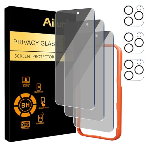 Ailun Paquete de 3 protectores de pantalla de privacidad para iPhone 16 Pro Max [6.9 pulgadas] + 3 protectores de lente de cámara, compatible con isla dinámica, vidrio templado antiespía [dureza 9H]