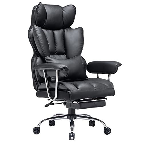 Efomao - Silla ejecutiva de escritorio para oficina, con reposapiés, soporte lumbar y capacidad de carga hasta 400 libras, silla de computadora grande y alta de cuero sintético, negro