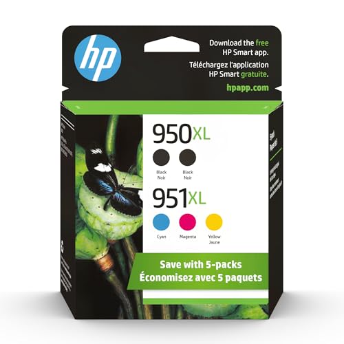 Original HP 950XL Black / 951XL Cyan, Magenta, Yellow High-yield Ink (5-pack) | Works with HP OfficeJet 8600 Series; HP OfficeJet Pro 251dw, 276dw, 8100, 8600 Series | Eligible for Instant Ink |