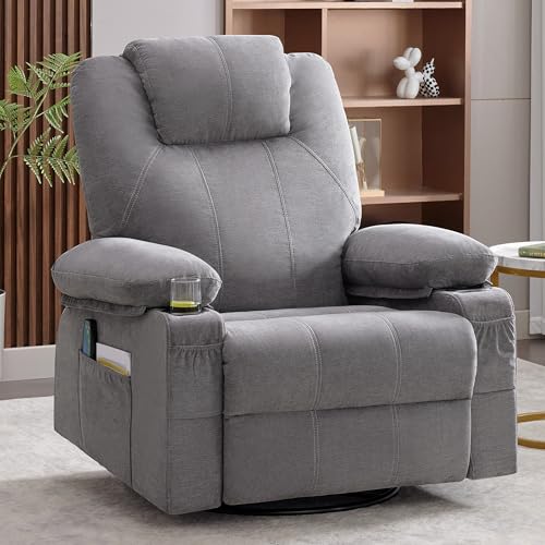 Weture Silla reclinable giratoria de gran tamaño con calor y masaje, sofá individual giratorio de 360 grados con portavasos y puerto USB, silla reclinable grande para sala de estar (tela, gris)