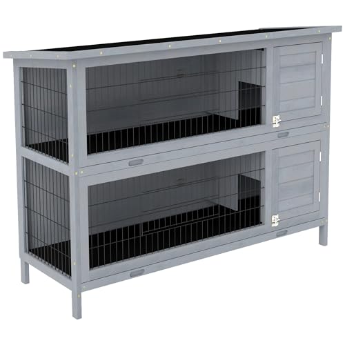 PawHut 54" 2-Story Large Rabbit Hutch Bunny Cage Wooden Pet House Small Animal Habitat with Lockable Doors, No Leak Tray and Waterproof Roof for Outdoor/Indoor Grey