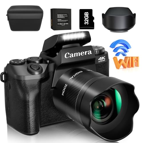 Saneen Digital Camera, 4k Cameras for Photography & Video, 64MP WiFi Touch Screen Vlogging Camera for YouTube with Flash, 32GB SD Card, Lens Hood, 3000mAH Battery, Front and Rear Cameras - Black