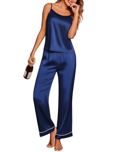 Ekouaer Women Silk Satin Pajamas Sleeveless Pjs Set 2 Piece Summer Loungewear Sleepwear with Pockets Blue,S