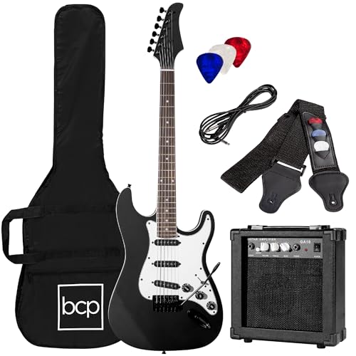 Best Choice Products 39in Full Size Beginner Electric Guitar Starter Kit w/Case, Strap, 10W Amp, Strings, Pick, Tremolo Bar - Jet Black