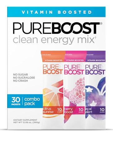 Pureboost Clean Energy Booster, Refreshing Energy Drink Mix with B12 Vitamins, Electrolytes, Antioxidants, Sugar-Free Energy with No Sucralose (Combo Pack, 30 Count)