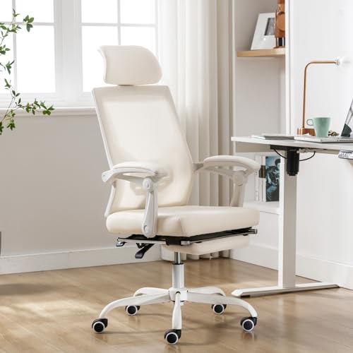 Qulomvs Silla de oficina ergonómica de malla con reposapiés, silla de escritorio de oficina en casa con reposacabezas y respaldo 90-135 silla de escritorio ejecutiva ajustable para computadora con