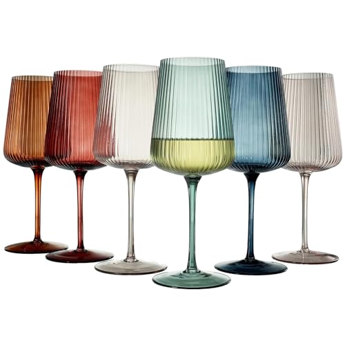 Copas de vino de colores ondulados – Juego de 6 vasos de cristal acanalado grandes con tallo largo para regalo, esposa, mamá amiga – Vaso grande de 19 onzas, vaso alto estilo italiano, cristalería de