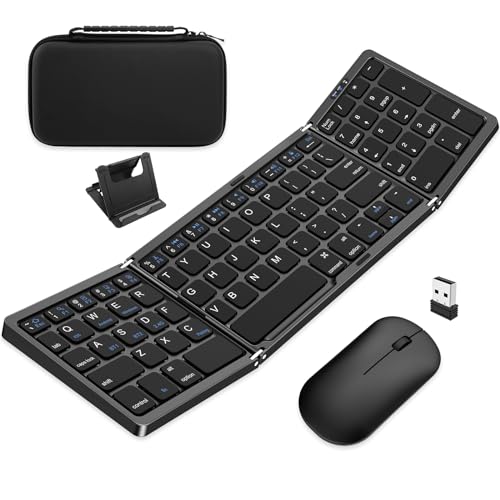 EDJO - Teclado y mouse plegables, combo de teclado inalámbrico plegable con funda portátil, recargable 2.4G + teclado Bluetooth multidispositivo para Windows, iOS, Android, MacOS PC/portátil/tableta