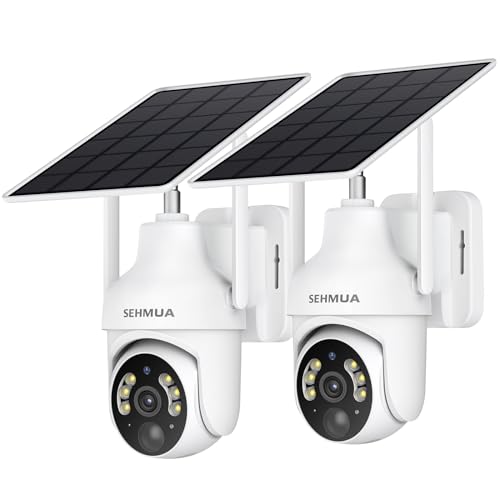 SEHMUA 2K Solar Security Cameras Wireless Outdoor, 2 Pack 360° View Pan/Tilt WiFi Security Camera Outside with Color Night Vision,Easy to Install, PIR Alarm, 2-Way Audio