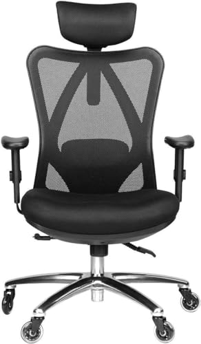 Duramont Silla de oficina ergonómica, silla de escritorio ajustable con soporte lumbar y ruedas enrollables, sillas de respaldo alto con malla transpirable, cojín de asiento grueso, reposacabezas y