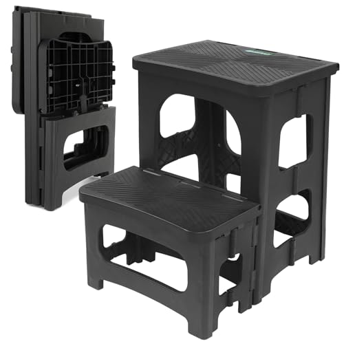 Taburete plegable de 2 escalones para adultos y niños, antideslizante, plegable, portátil, para cocina, hogar, inodoro, dormitorio, oficina, baño, caravana, capacidad para 300 libras (negro)