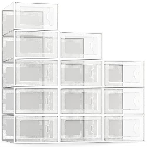 SEE SPRING Paquete de 12 cajas grandes de almacenamiento de zapatos, organizador apilable de plástico transparente para armario, organizador de zapatos plegable que ahorra espacio