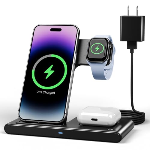 Estación de carga inalámbrica para iPhone: soporte de cargador 3 en 1, múltiples dispositivos para Apple - iPhone 16 15 14 Pro Max 13 12 11 - Watch 10 9 8 7 6 5 4 3 2 SE y Ultra Series - Airpods 4 3 2