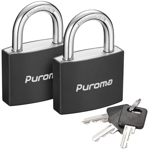 Puroma Candado con llave, paquete de 2 cerraduras de aluminio con 3 llaves iguales, candados pequeños de 1.1 pulgadas para puerta, valla, cobertizo, caja de herramientas, casillero de gimnasio escolar