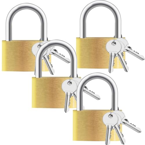 Lockwise 4 candados con llave de latón macizo con llave, cerraduras pequeñas con 12 mismas llaves, cerradura de casillero de gimnasio con llave, bloqueo de almohadilla de almacenamiento para