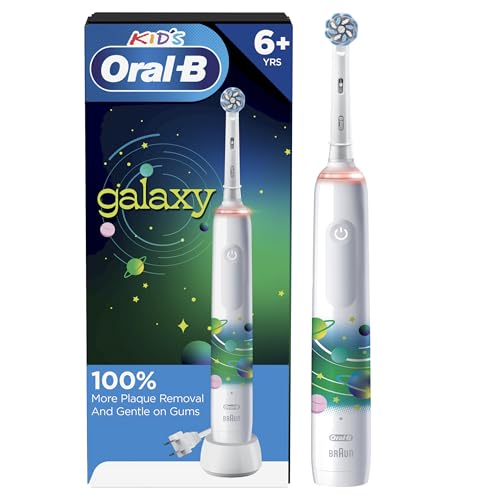 Oral-B Cepillo de dientes eléctrico para niños con sensor de presión de entrenamiento y temporizador, cepillo de dientes recargable con cabezales de cepillo, galaxia