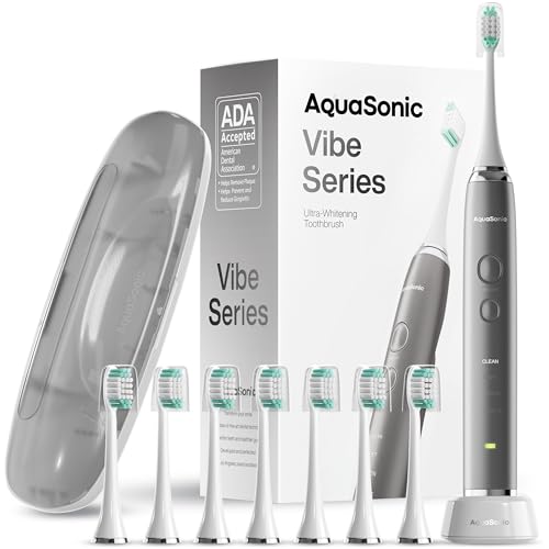 Aquasonic Vibe Series Ultra-Whitening Toothbrush – ADA Accepted Electric Toothbrush - 8 Brush Heads & Travel Case – 40,000 VPM Motor & Wireless Charging - 4 Modes w Smart Timer – Charcoal Metallic