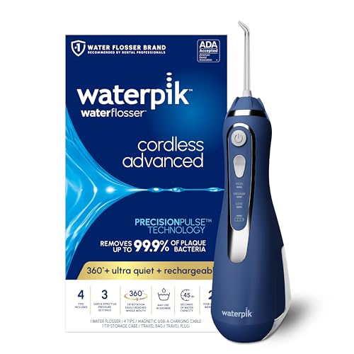 Waterpik Cordless Advanced 2.0 Water Flosser For Teeth, Gums, Braces, Dental Care With Travel Bag and 4 Tips, ADA Accepted, Rechargeable, Portable, and Waterproof, Blue WP-583, Packaging May Vary