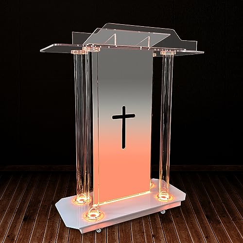 Púlpito de iglesia con diseño de cruz hueca, podio de iglesia acrílico LED con ruedas y plataforma de lectura vertical, atriles transparentes de 46 pulgadas para iglesias, aula y deshierbe