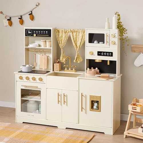 Tiny Land Juego de cocina para niños, juego de cocina de juguete con muchas características de juego, nueva cocina moderna de madera para niños diseñada en estilo moderno para el hogar con cortinas,