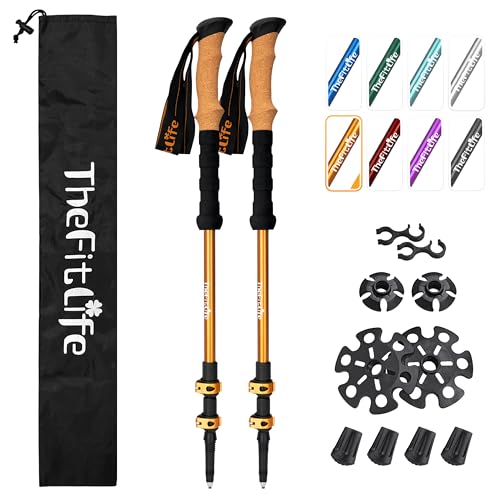 TheFitLife Bastones de senderismo para senderismo y caminar, aluminio ligero 7075 con bloqueo de metal y agarre de corcho natural, bastones para caminar para hombres, mujeres, plegables, telescópicos,