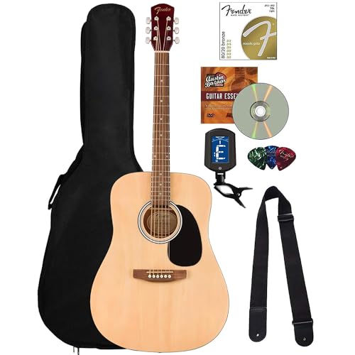 Fender Dreadnought Acoustic Guitar - Natural Bundle with Gig Bag, Strap, Strings, Picks, Fender Play Online Lessons, and Austin Bazaar Instructional DVD