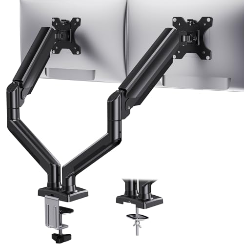 HUANUO Soporte de monitor doble para 2 monitores de hasta 32 pulgadas, cada brazo soporta un máximo de 22 libras, soporte de monitor doble con sistema de resorte de gas, altura