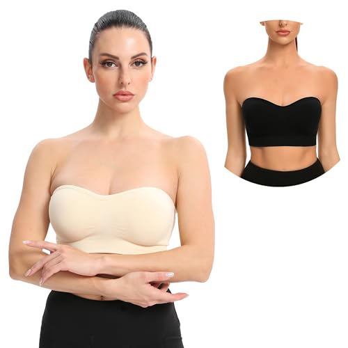 Gnowann Strapless Bras for Women Non-Slip Silicone Bandeau Bra Seamless Wireless Strapless Bra Padded Tube Top Bra Black+Beige L