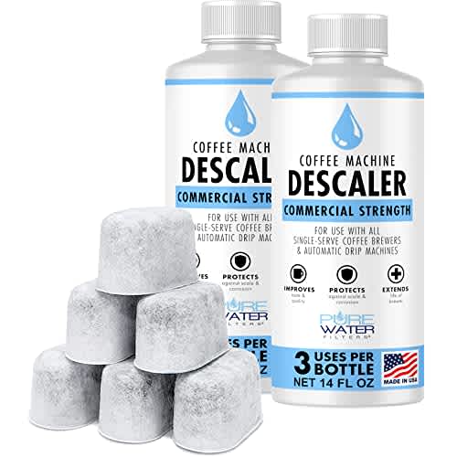 Descalcificador para máquinas de café (6 usos totales) – Fabricado en Estados Unidos – Solución de descalcificación de fuerza comercial más 6 filtros de agua de carbón de repuesto compatibles con