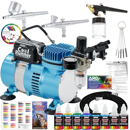 Equipo profesional de 3 sistemas de aerógrafo con compresor y kit de pinturas de 6 colores primarios, de Master Airbrush