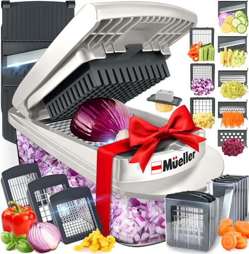 Mueller Pro-Series 10 en 1 - Picadora de verduras, 8 hojas, cebollas, cortadora en cubitos, de huevos con recipiente, cortadora de patatas fritas, utensilios para el hogar, cocina, ensaladas