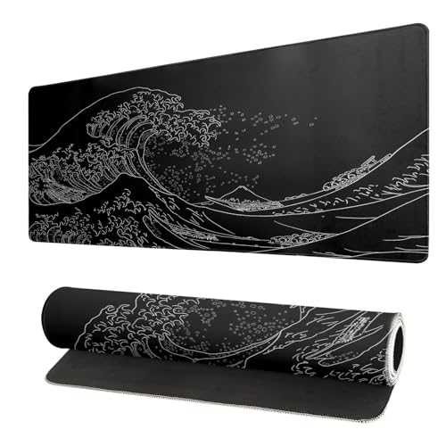 Brecoy Japanese Sea Wave Large Mouse Pad, Anime Black Gaming, Extended Kanagawa Mat Desk Pad, 3mm Thick Long Non-Slip Rubber Base Mice Pad, 31.5 X 11.8 Inch