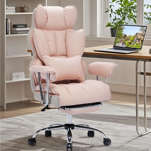 Efomao - Silla ejecutiva de escritorio para oficina, con reposapiés, soporte lumbar y capacidad de carga hasta 400 libras, silla de computadora grande y alta de cuero sintético, rosado claro