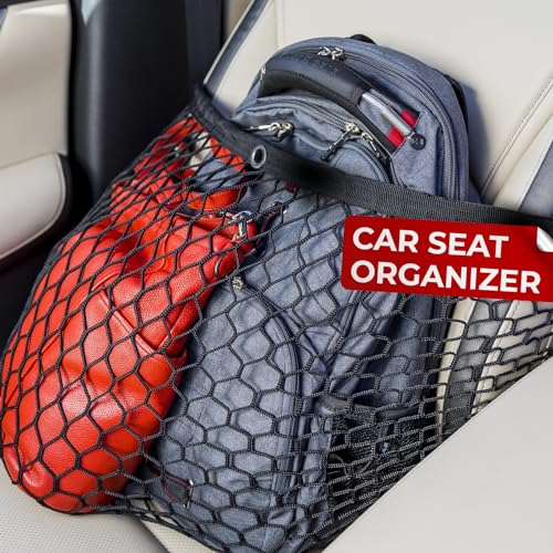 NETCESSITY Organizador de red para asiento de automóvil, organizador entre asientos, red de almacenamiento, soporte para bolso de automóvil, red de carga resistente, totalmente plegable, 25 pulgadas