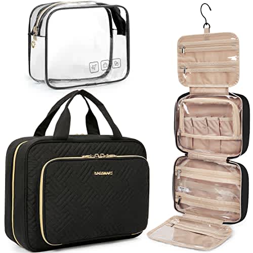 BAGSMART - Neceser de aseo para colgar, organizador de maquillaje para viajar, aprobado por la Administración de Seguridad en el Transporte (TSA), con bolsa de cosméticos transparente, bolsa para artículos grandes de aseo personal, Negro), BM0108005