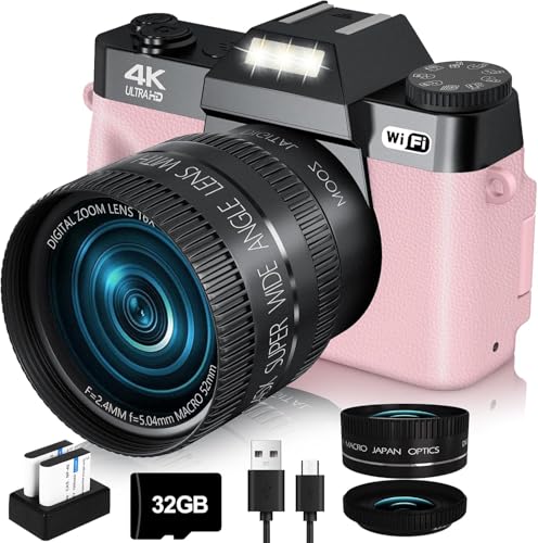 2024 Upgrade VJIANGER Digital Camera for Photography 4K 56MP Vlogging Camera for YouTube with WiFi, 180° Flip Screen, 16X Digital Zoom, 52mm Lens, 2 Batteries, 32GB Micro SD Card(Pink)