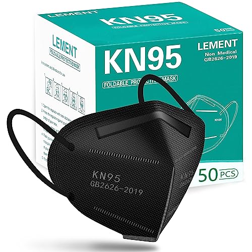 KN95 Máscaras faciales, Negro, máscaras de seguridad con 5 capas para polvo con filtro de eficiencia ≥95% transpirable, bucles elásticos para el oído, máscaras negras 50 piezas