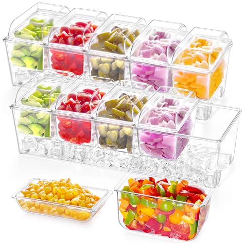 Lifewit Paquete de 2 bandejas de condimentos enfriadas con hielo con 5 recipientes (2.5 tazas), servidor de condimentos con tapas separadas, bandeja para servir accesorios de bar, frutas, ensaladas,